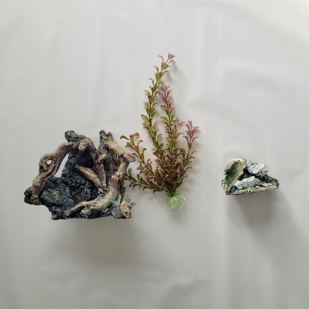 Aquarium Decor Set with Driftwood and Plant